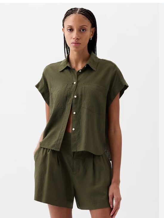 GAP Tops - GAP Olive Green Linen Blend Cropped Button Down Shirt Small Tall NEW NWT 875993